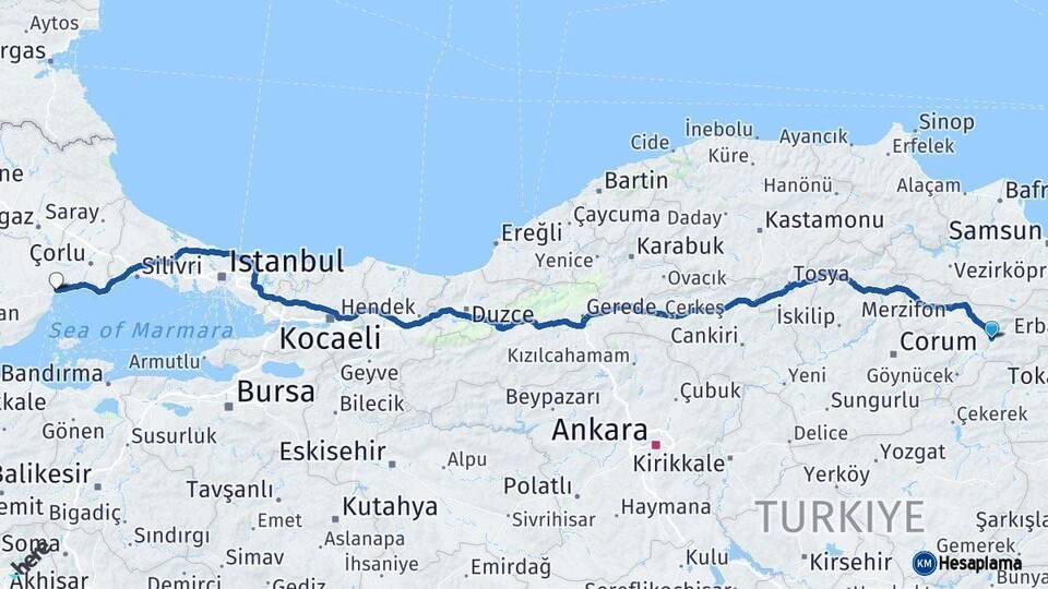 Amasya Tekirdağ Arası Kaç Km - Yol Haritası
