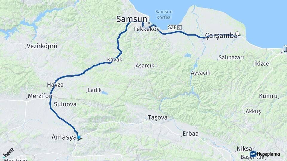 Amasya Terme Samsun Arası Kaç Km - Yol Haritası
