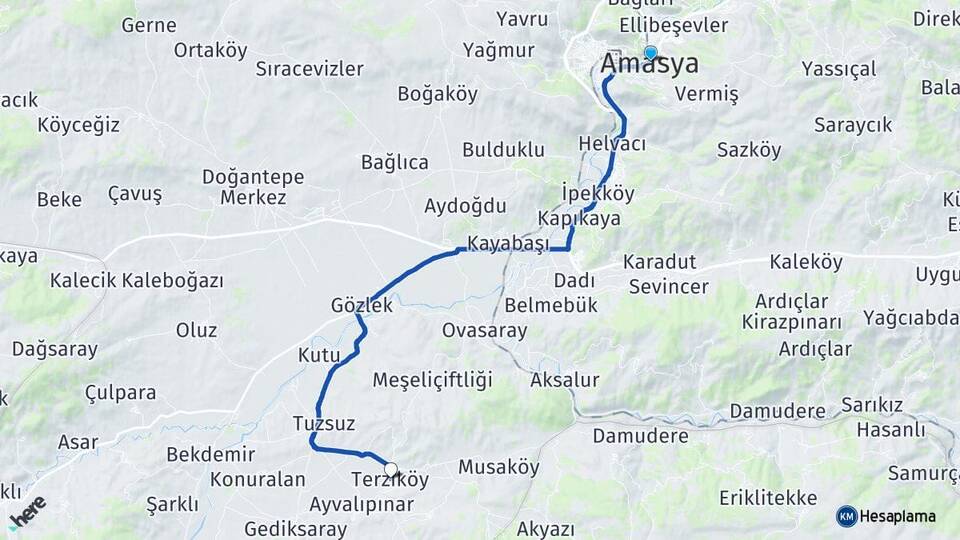 Amasya Terziköy Göynücek Arası Kaç Km - Yol Haritası