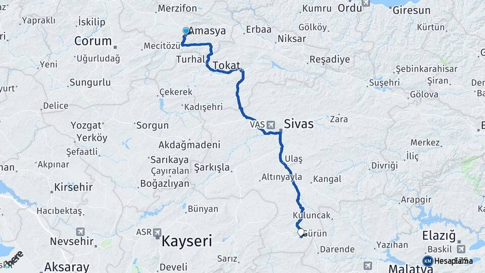 Amasya Tokat Havalimanı Arası Kaç Km - Yol Haritası