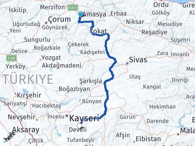 Amasya Tomarza Kayseri Arası Kaç Km - Yol Haritası