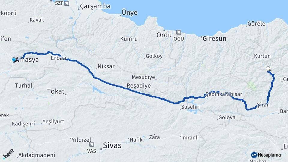 Amasya Torul Gümüşhane Arası Kaç Km - Yol Haritası