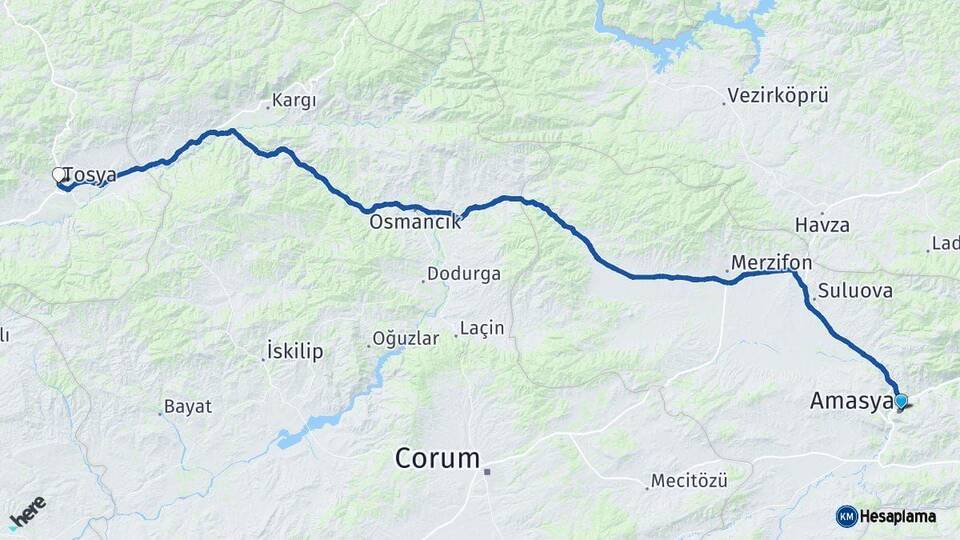 Amasya Tosya Kastamonu Arası Kaç Km - Yol Haritası