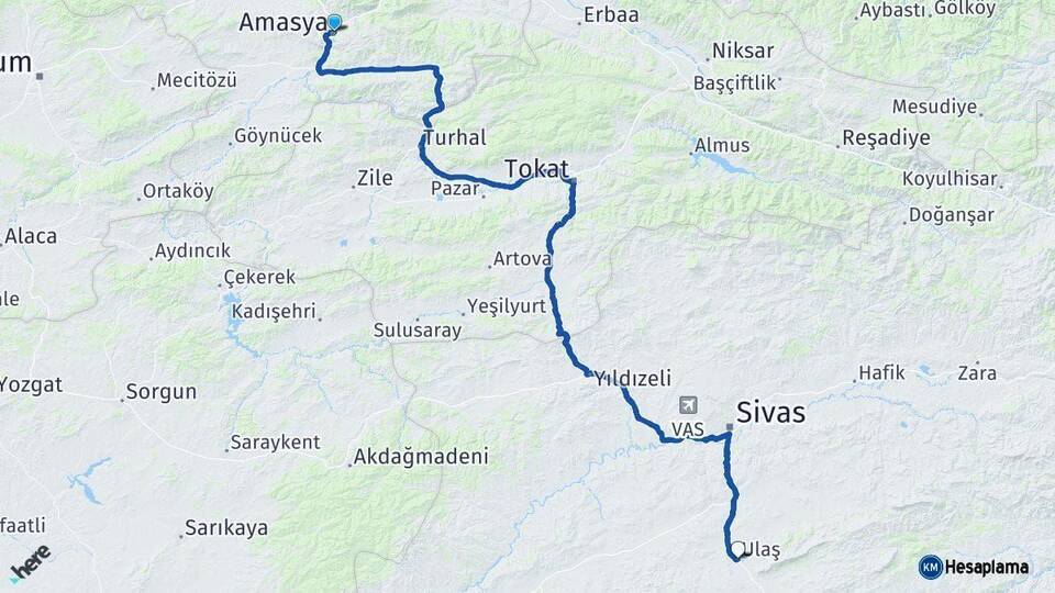 Amasya Ulaş Sivas Arası Kaç Km - Yol Haritası