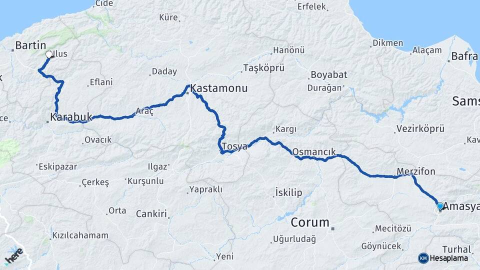 Amasya Ulus Bartın Arası Kaç Km - Yol Haritası
