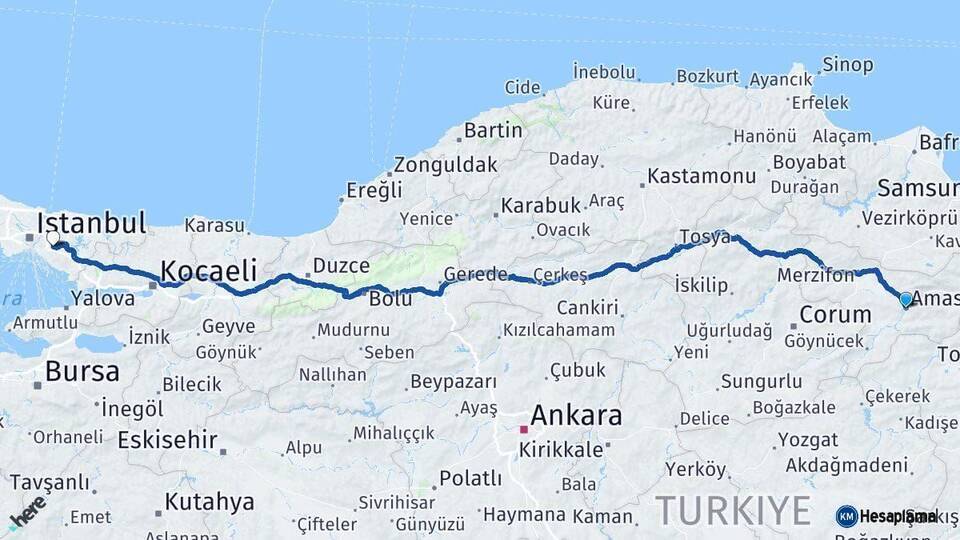 Amasya Ümraniye İstanbul Arası Kaç Km - Yol Haritası