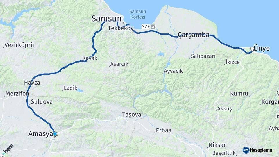 Amasya Ünye Ordu Arası Kaç Km - Yol Haritası