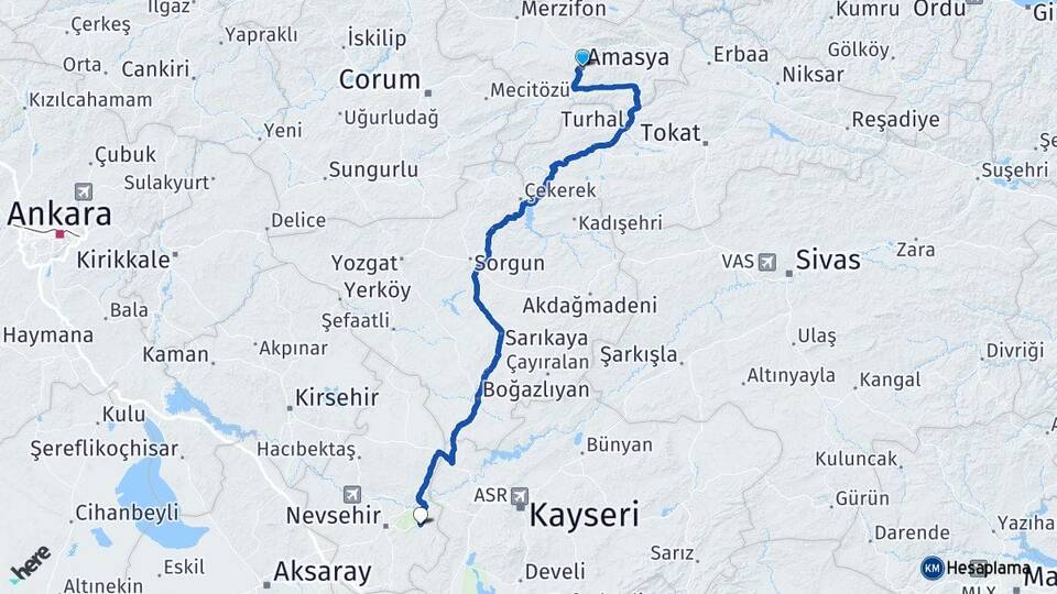 Amasya Ürgüp Nevşehir Arası Kaç Km - Yol Haritası