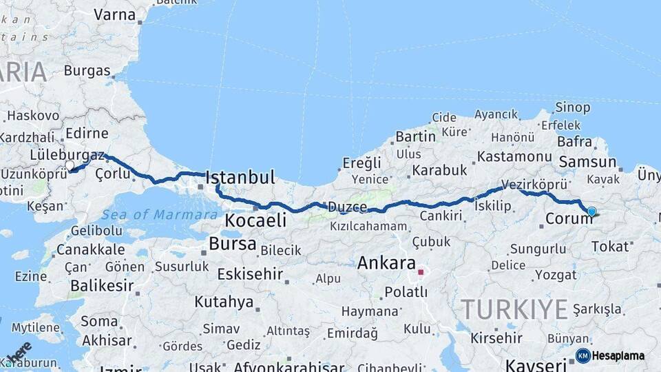 Amasya Uzunköprü Edirne Arası Kaç Km - Yol Haritası
