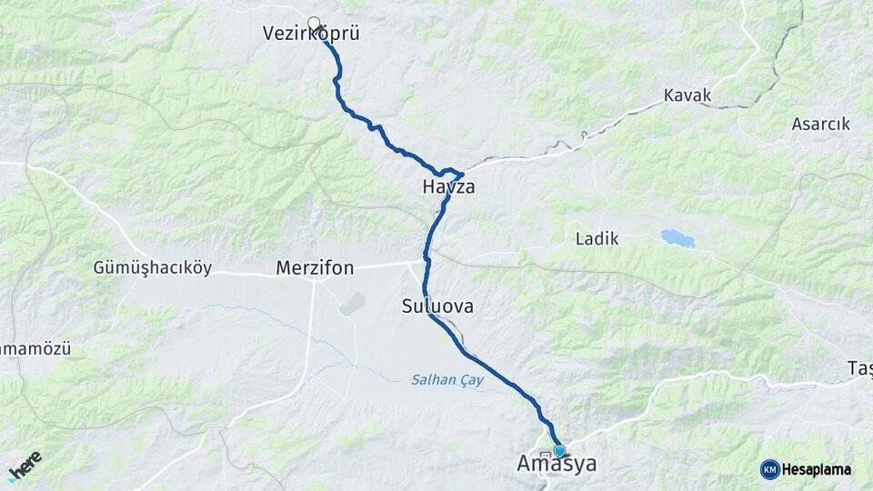 Amasya Vezirköprü Samsun Arası Kaç Km - Yol Haritası