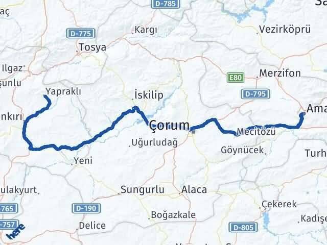 Amasya Yapraklı Çankırı Arası Kaç Km - Yol Haritası