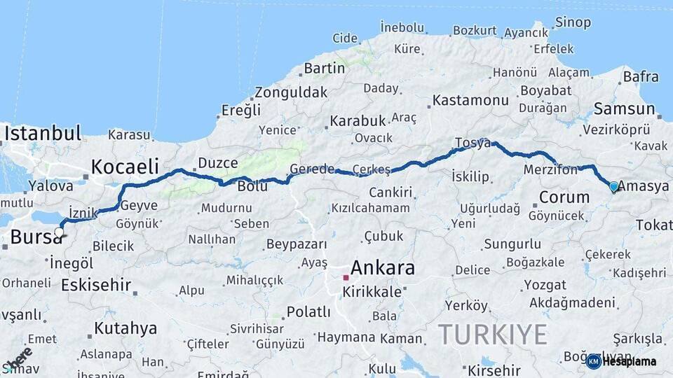 Amasya Yenişehir Bursa Arası Kaç Km - Yol Haritası