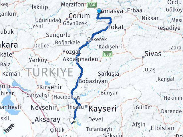 Amasya Yeşilhisar Kayseri Arası Kaç Km - Yol Haritası