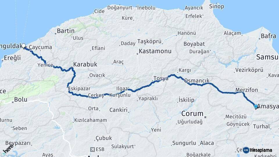Amasya Zonguldak Arası Kaç Km - Yol Haritası