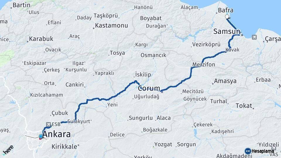 Ankara 19 Mayıs Samsun Arası Kaç Km - Yol Haritası