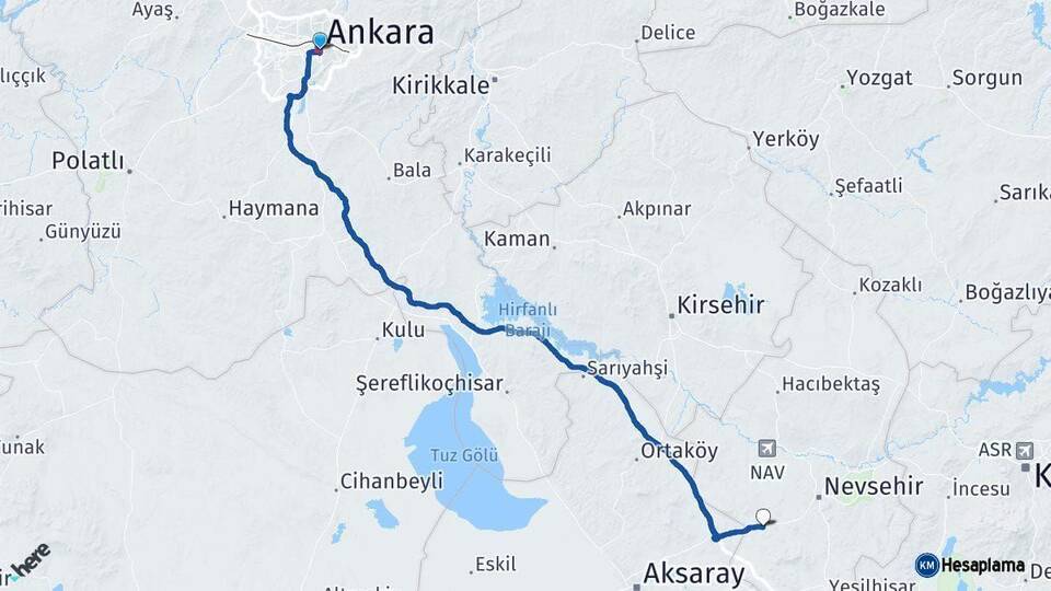 Ankara Acıgöl Nevşehir Arası Kaç Km - Yol Haritası