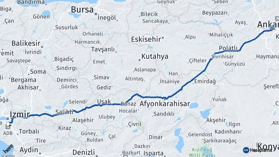 Ankara Adnan Menderes Havalimanı Arası Kaç Km - Yol Haritası