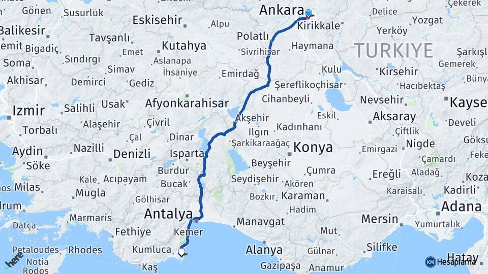Ankara Adrasan Kumluca Antalya Arası Kaç Km - Yol Haritası