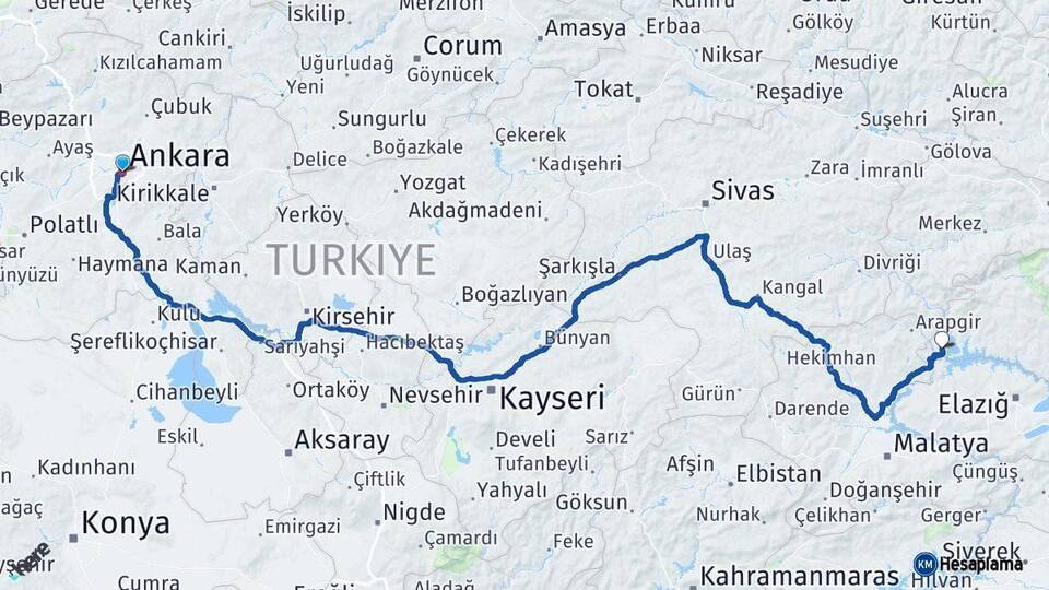 Ankara Ağın Elazığ Arası Kaç Km - Yol Haritası