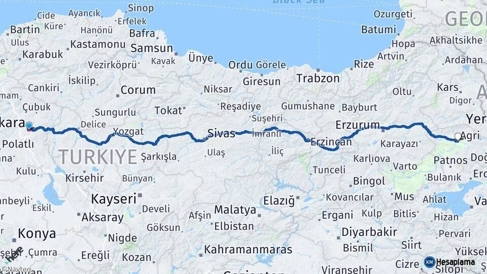 Ankara Ağrı Arası Kaç Km - Yol Haritası