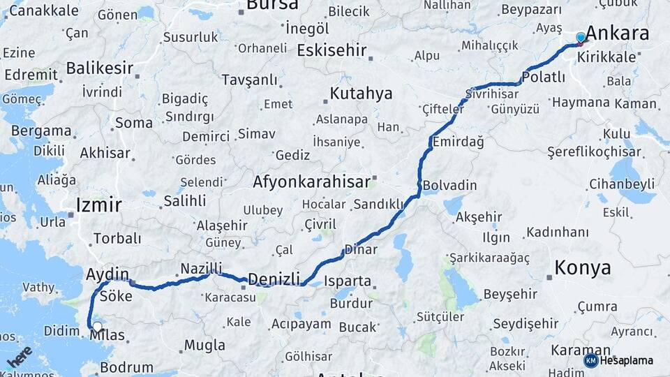 Ankara Akbük Didim Aydın Arası Kaç Km - Yol Haritası