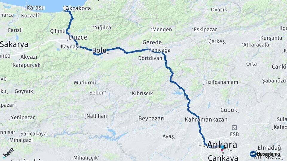 Ankara Akçakoca Düzce Arası Kaç Km - Yol Haritası