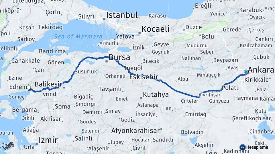 Ankara Akçay Edremit Balıkesir Arası Kaç Km - Yol Haritası