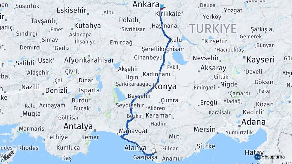 Ankara Akoluk Gazipaşa Antalya Arası Kaç Km - Yol Haritası