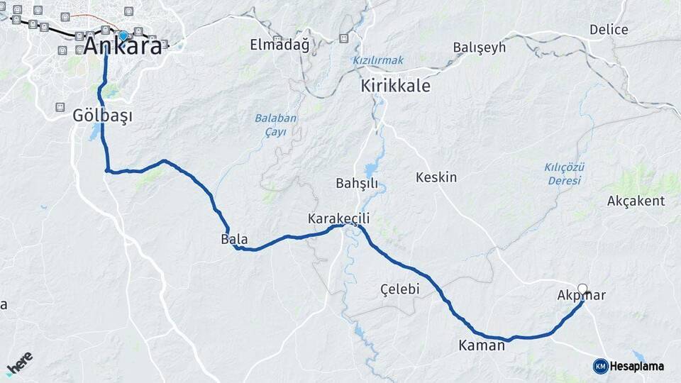 Ankara Akpınar Kırşehir Arası Kaç Km - Yol Haritası