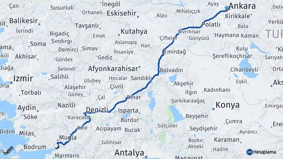 Ankara Akyaka Ula Muğla Arası Kaç Km - Yol Haritası