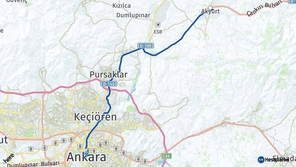 Ankara Akyurt Arası Kaç Km - Yol Haritası