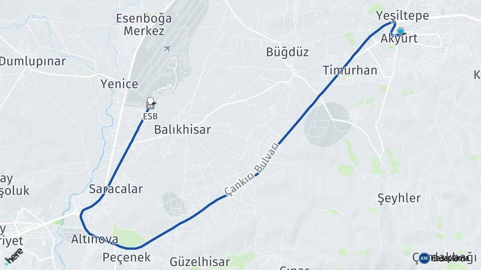 Ankara Akyurt Esenboğa Havalimanı Arası Kaç Km - Yol Haritası