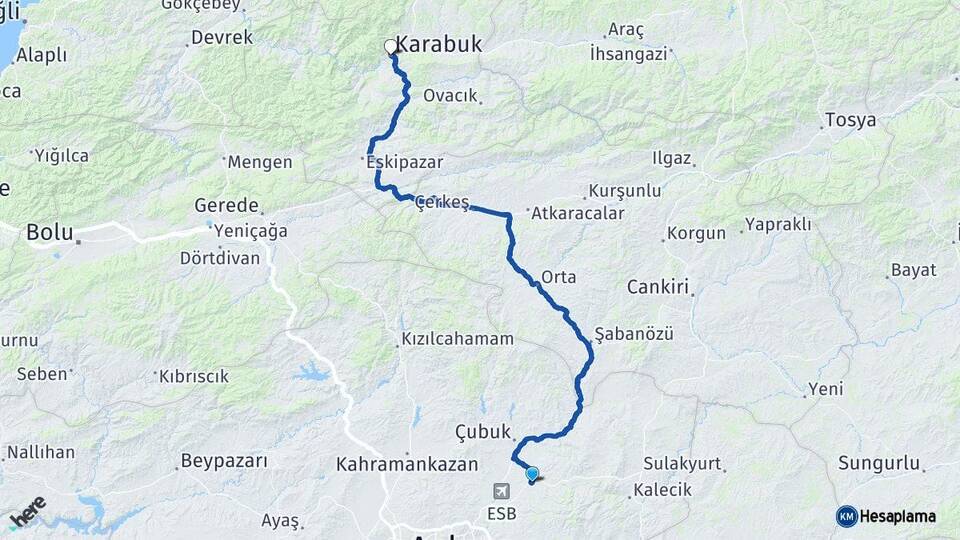 Ankara Akyurt Karabük Arası Kaç Km - Yol Haritası