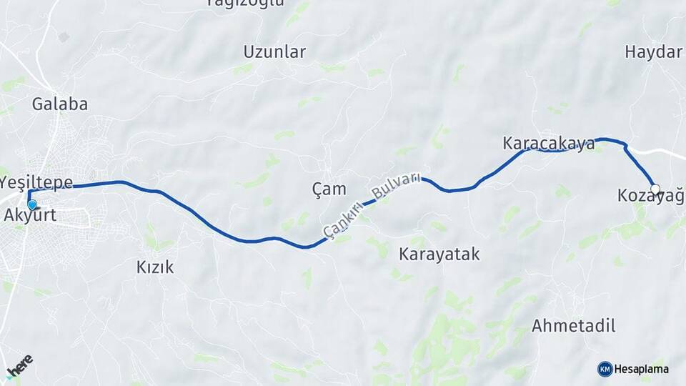 Ankara Akyurt Kozayağı Akyurt Arası Kaç Km - Yol Haritası