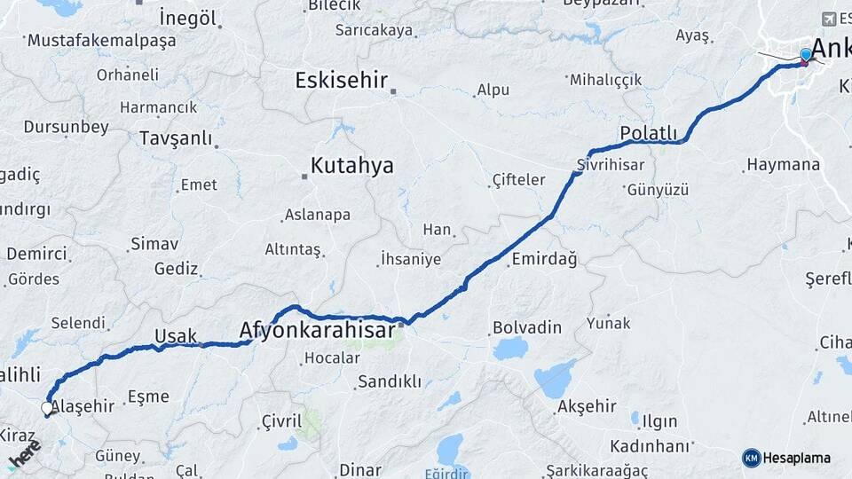 Ankara Alaşehir Manisa Arası Kaç Km - Yol Haritası