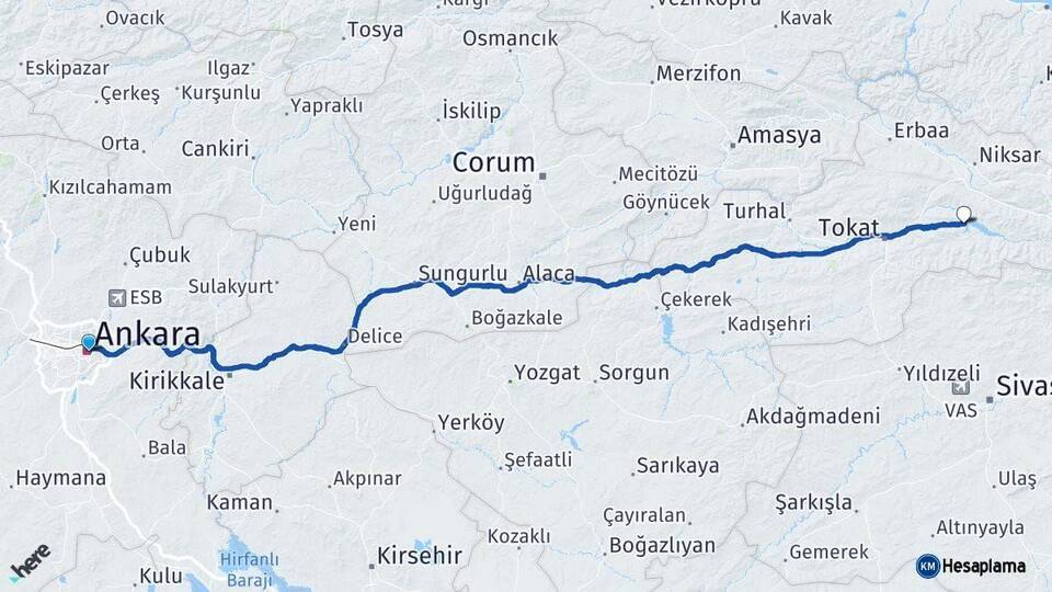 Ankara Almus Tokat Arası Kaç Km - Yol Haritası