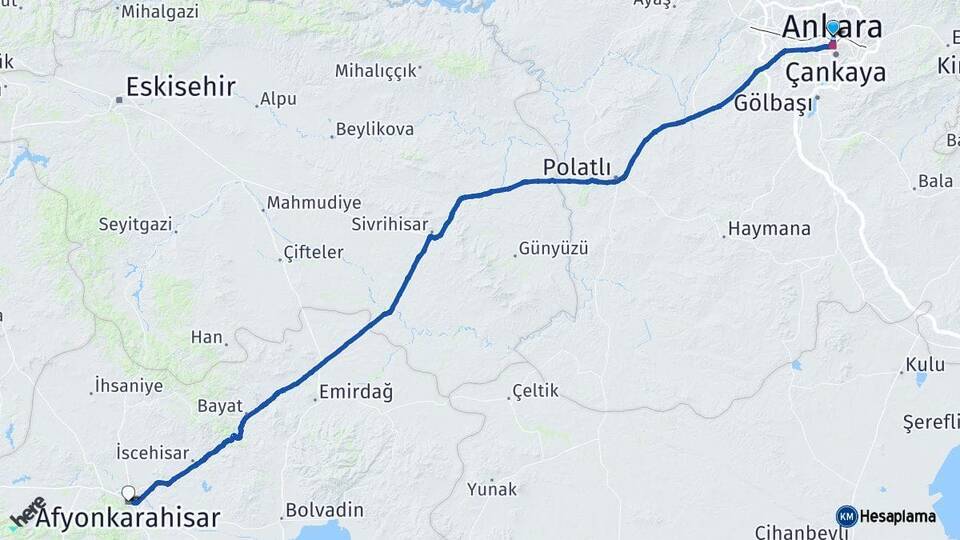 Ankara Altındağ Afyonkarahisar Arası Kaç Km - Yol Haritası