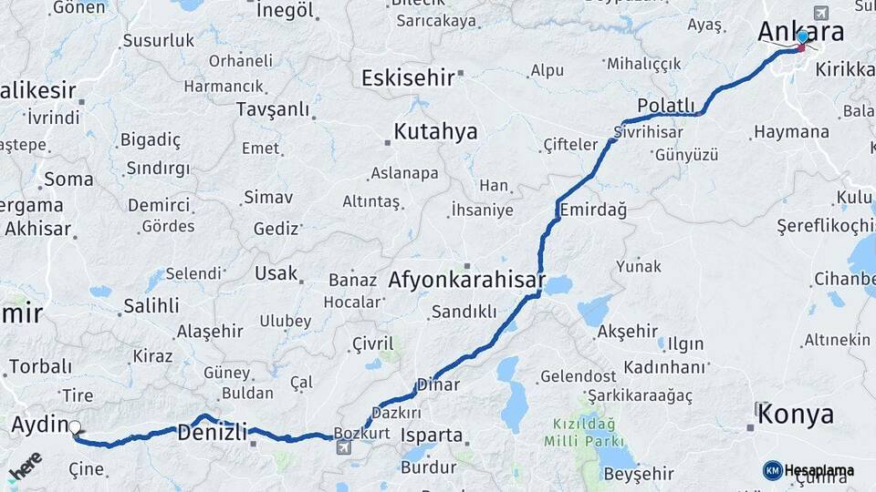 Ankara Altındağ Aydın Arası Kaç Km - Yol Haritası