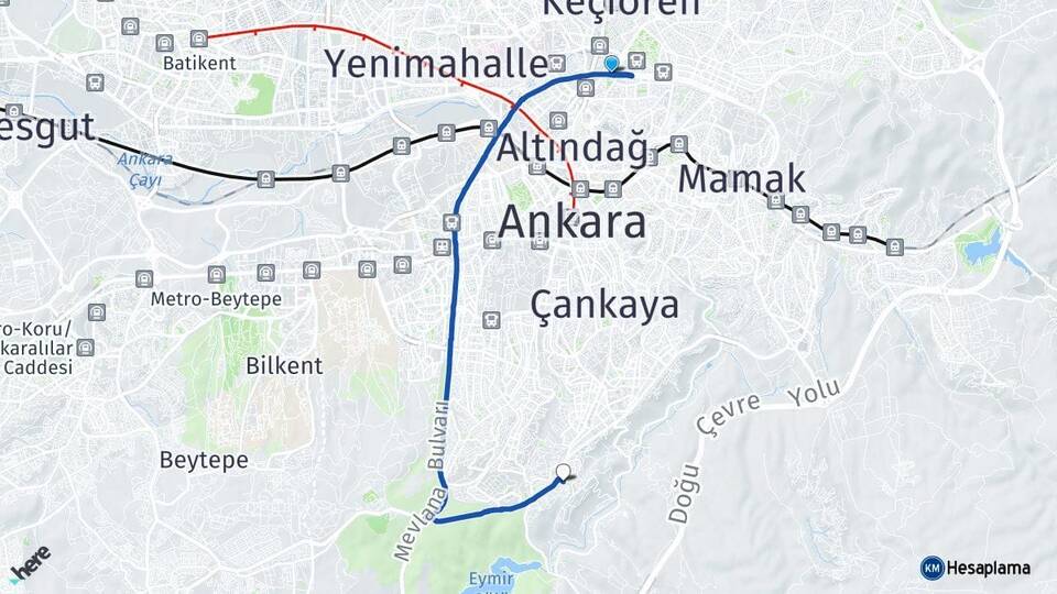 Ankara Altındağ Aydınlıkevler Aşağı Dikmen Çankaya Arası Kaç Km - Yol Haritası