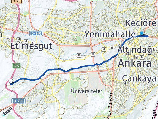 Ankara Altındağ Aydınlıkevler Bağlıca Etimesgut Arası Kaç Km - Yol Haritası