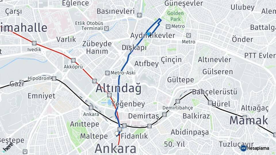 Ankara Altındağ Aydınlıkevler Kızılay Çankaya Arası Kaç Km - Yol Haritası