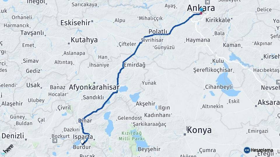 Ankara Altındağ Burdur Arası Kaç Km - Yol Haritası