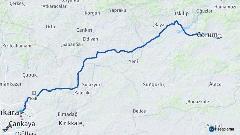 Ankara Altındağ Çorum Arası Kaç Km - Yol Haritası