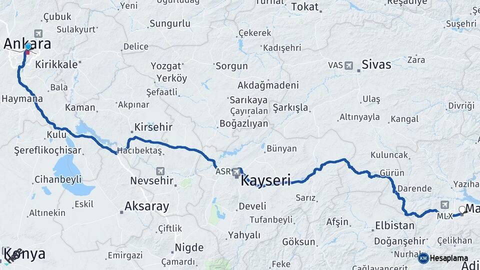 Ankara Altındağ Malatya Arası Kaç Km - Yol Haritası