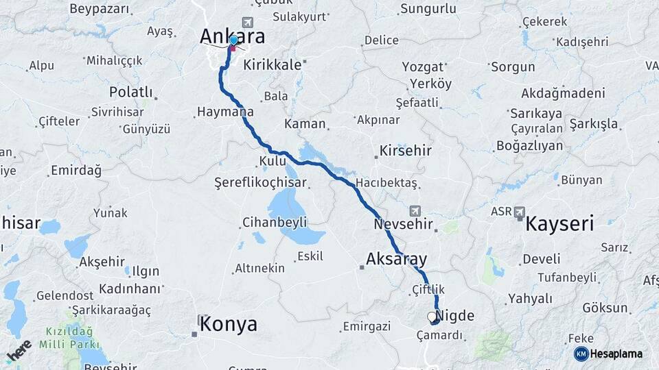 Ankara Altındağ Niğde Arası Kaç Km - Yol Haritası