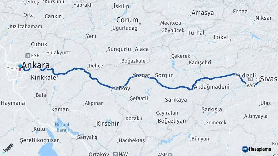 Ankara Altındağ Sivas Arası Kaç Km - Yol Haritası