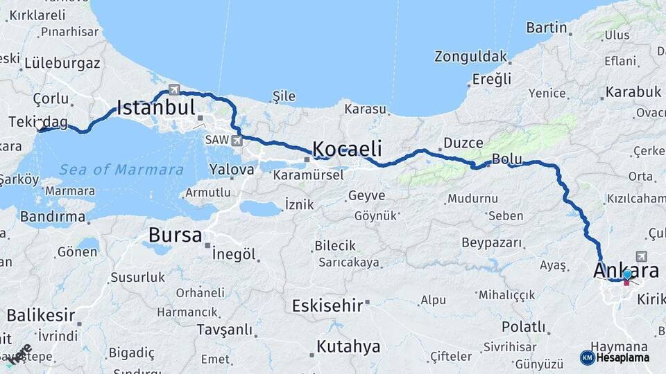 Ankara Altındağ Tekirdağ Arası Kaç Km - Yol Haritası