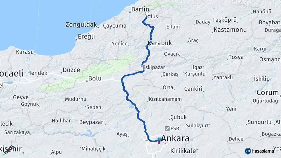 Ankara Altındağ Ulus Bartın Arası Kaç Km - Yol Haritası