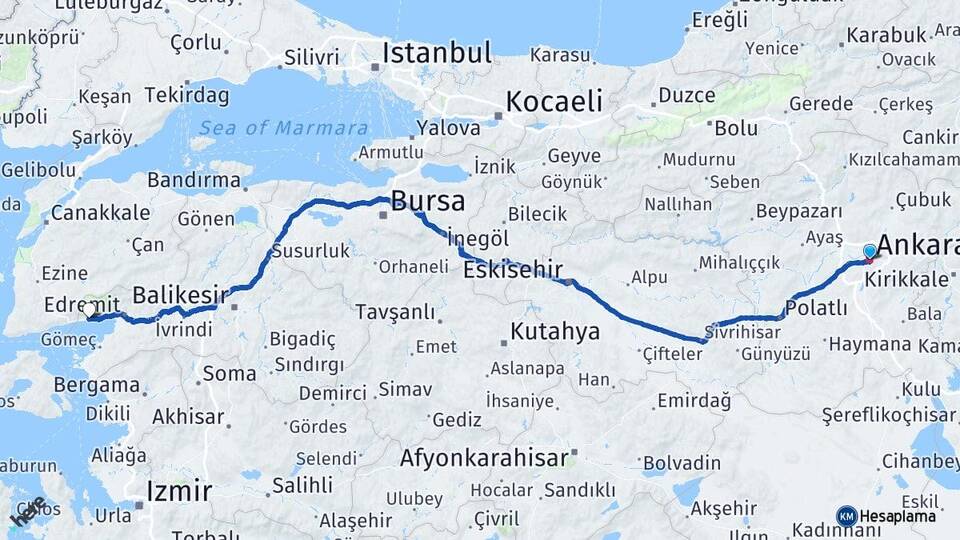 Ankara Altınoluk Edremit Balıkesir Arası Kaç Km - Yol Haritası