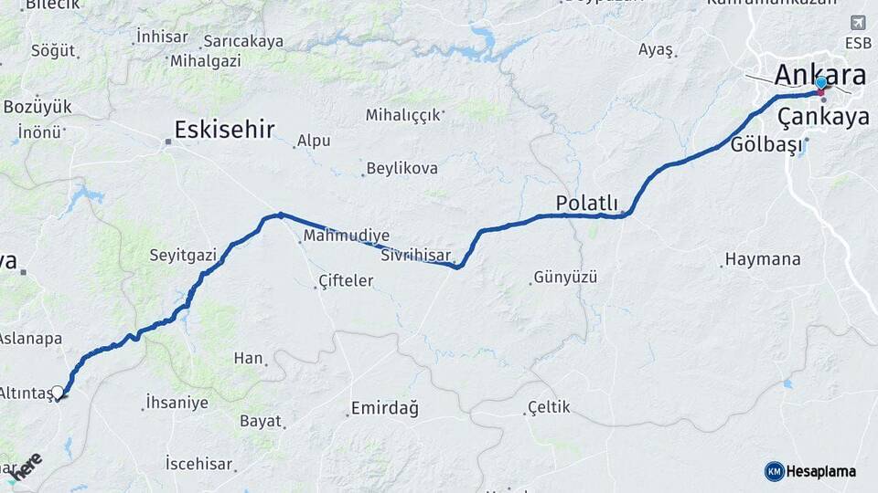 Ankara Altıntaş Kütahya Arası Kaç Km - Yol Haritası